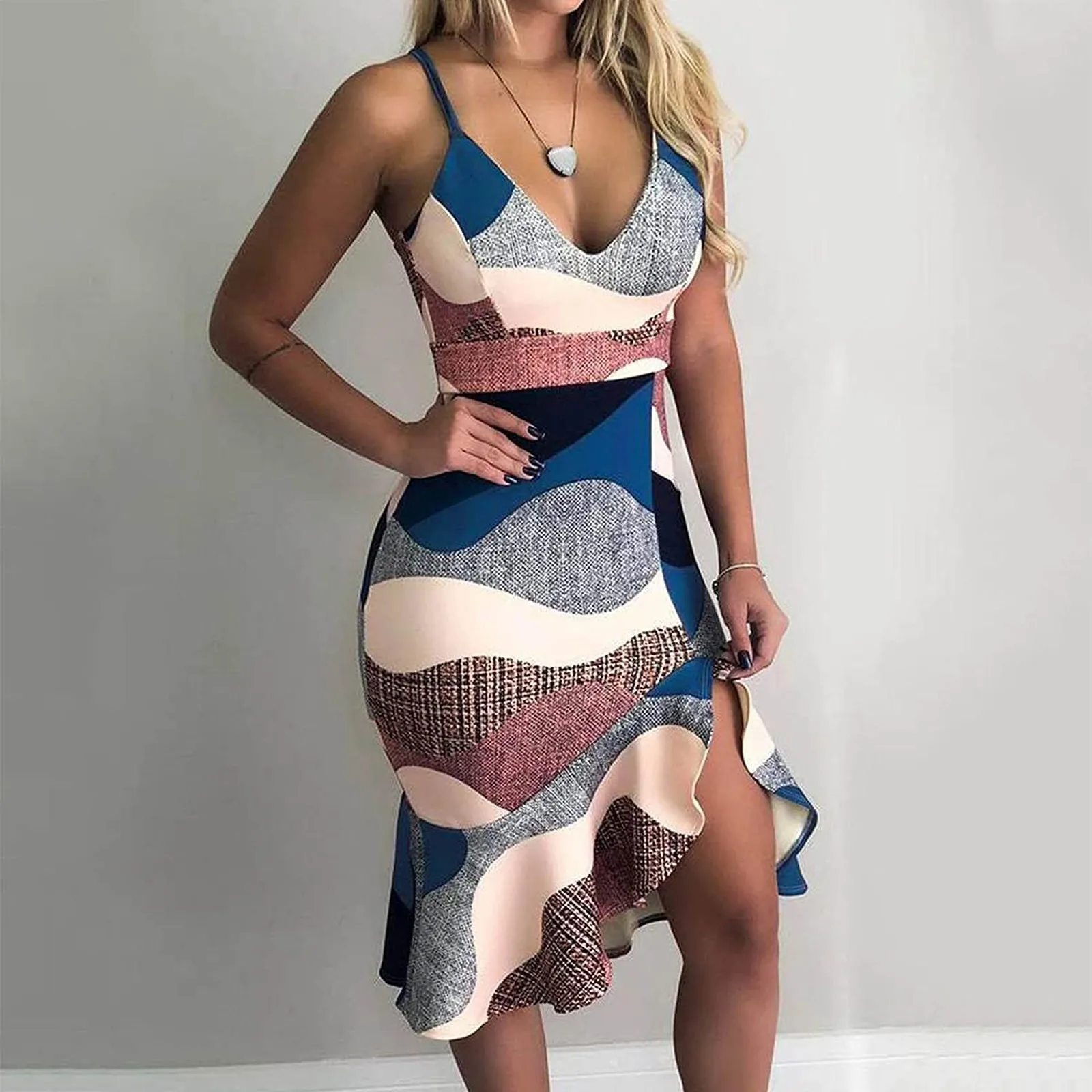 

Women's Summer Party Dress 2022 New Elegant Sexy V-neck Sleeveless Bodycon Print Dress Fashion Ruffles Hem Long Dresses