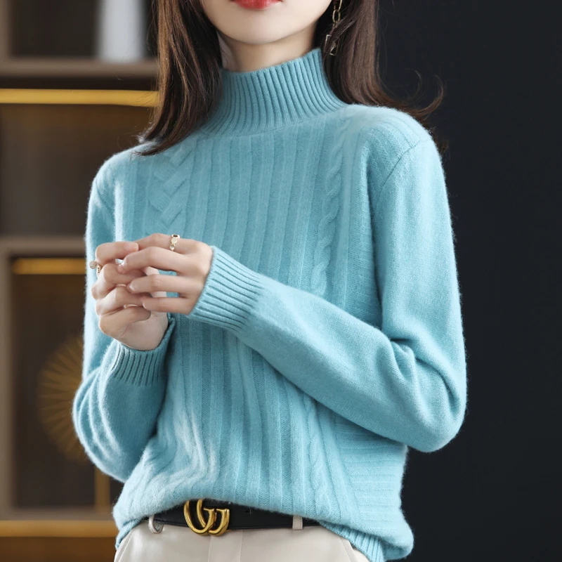 New Autumn And Winter Half-Turtleneck Wool Women's Thick Loose Fashion Sweater Joker Solid Color Knit Bottoming Shirt