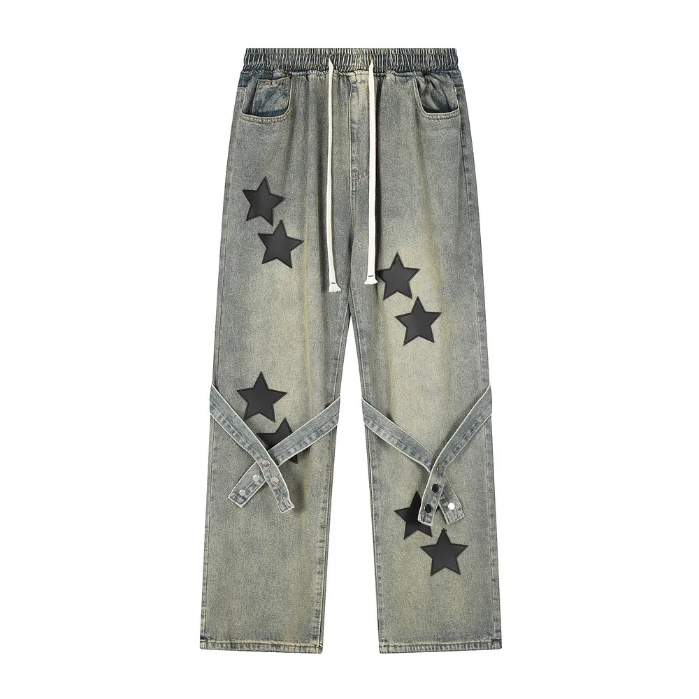 HOUZHOU Y2K Star Jeans Men Hip Hop Embroidery Denim Trousers Black Loose Casual Pants Male Bottom Japanese Streetwear Hippie