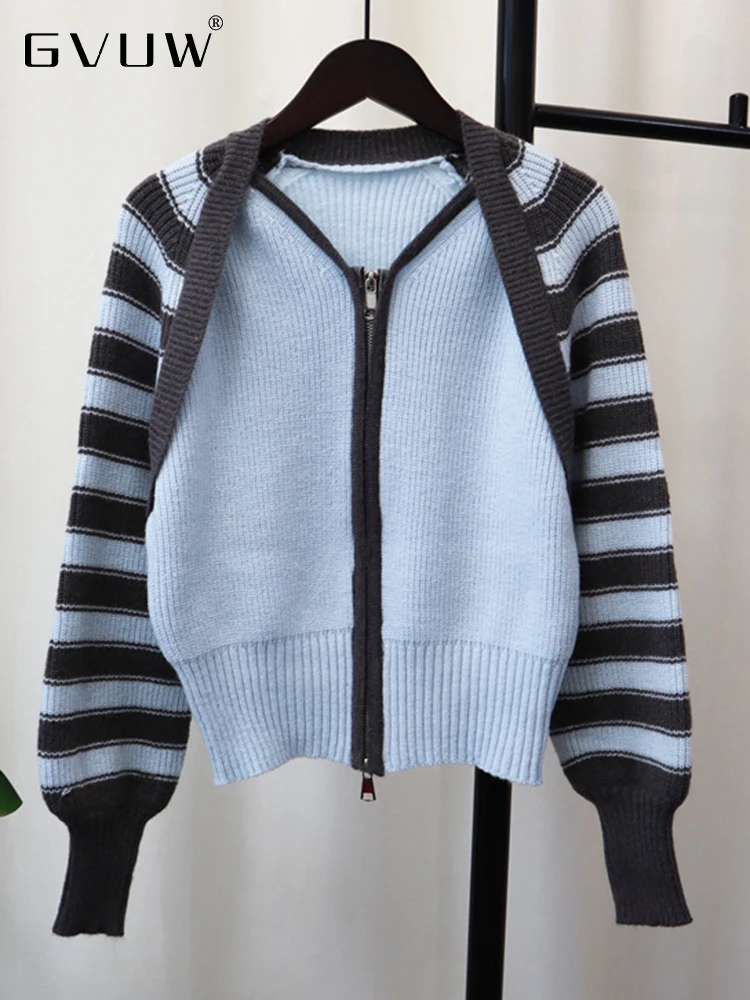 

GVUW Zipper Stripe Spliced Sweater Coat For Women 2023 Autumn New V-neck Lantern Sleeve Fashion Knitted Cardigan Trend 17G2185