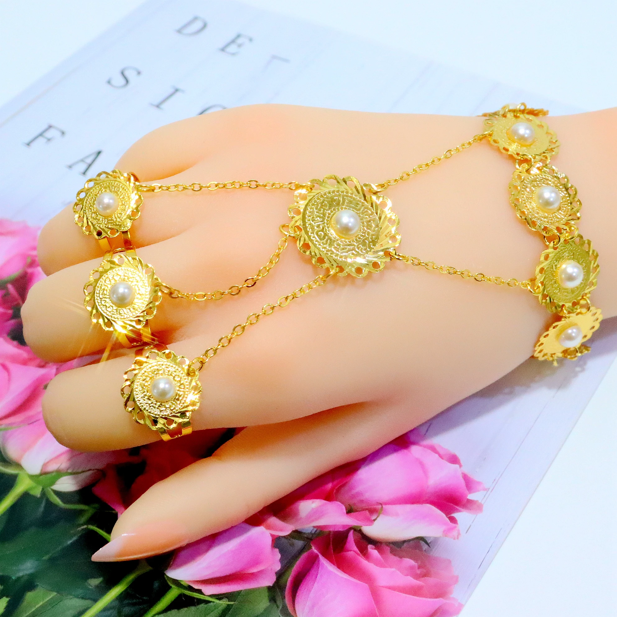 

Coin Pearl Bracelet Set with Three Rings - Arab Middle Eastern Jewelry Collection for Women - Exquisite 18K Gold Plating