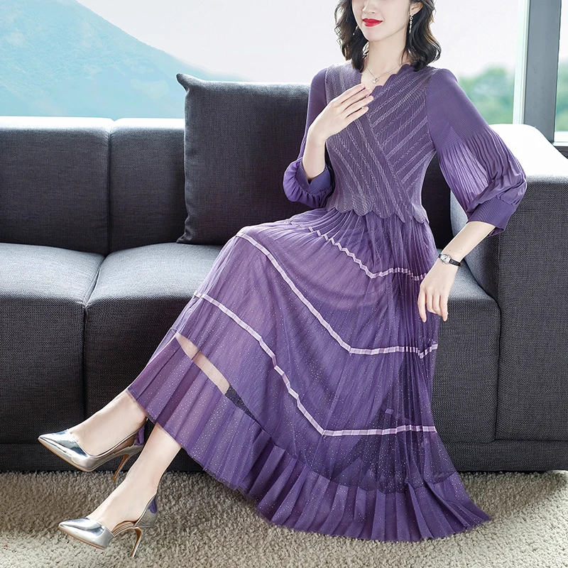 

Модное высококачественное женское фиолетовое плиссированное платье, осень 2022, свободная облегающая юбка, повседневное элегантное вечерне...