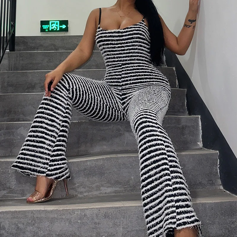SIYU Backless Sexy Striped One Piece Flared Trousers 2023 Fashion Spaghetti Strap Jumpsuit for Women Party Clubwear Outfits