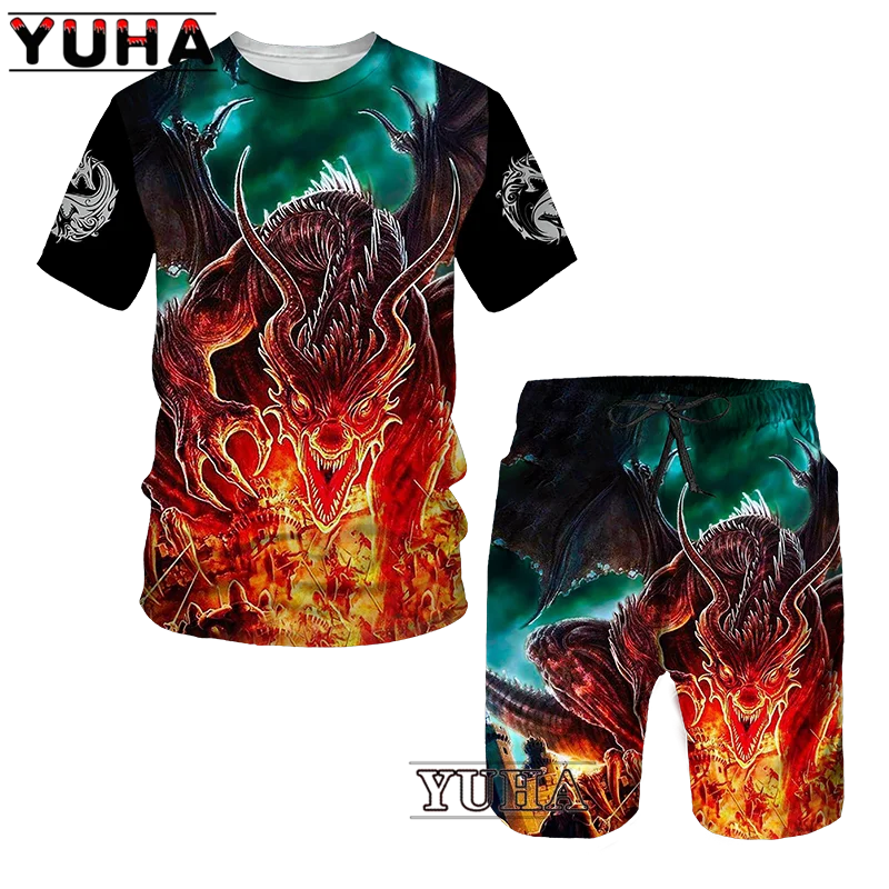 YUHA комплект мужских футболок с 3D-принтом летающего дракона мужской спортивный
