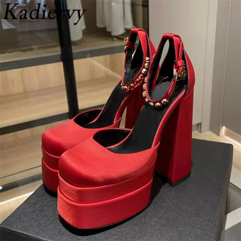 

Super High Heels Platform Shoes Women Rhinestone Ankle Strap Wedding Shoes Square Toe Satin Pumps Chunky Heel Runway Shoes Woman