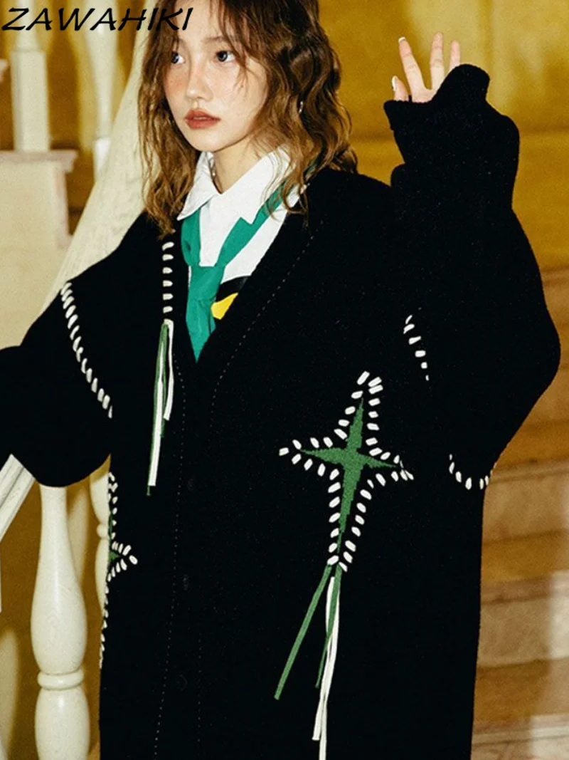 

Star Embroidery Loose Cardigan Black Tassel Button-up Sweater Coats Harajuku Knitted Streetwear Women Autumn Warm Outerwear