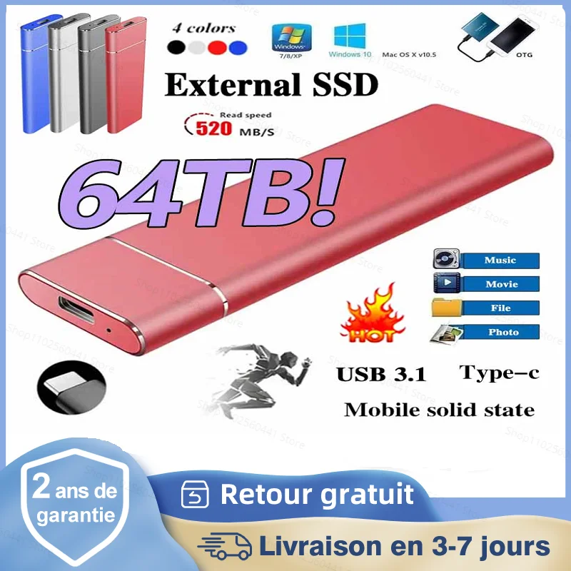

Portable High-speed External Solid State Drive 1TB 2TB 64TB SSD Mobile Storage Device USB3.1 Hard Drive for Laptops Computer