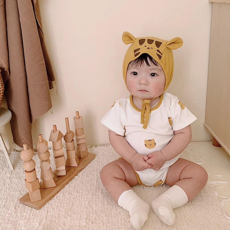 

MILANCEL 2022 Summer Baby Clothes Short Sleeve Toddler One Piece Baby Boys Bodysuit with hat Full of tiger Infant Outfit