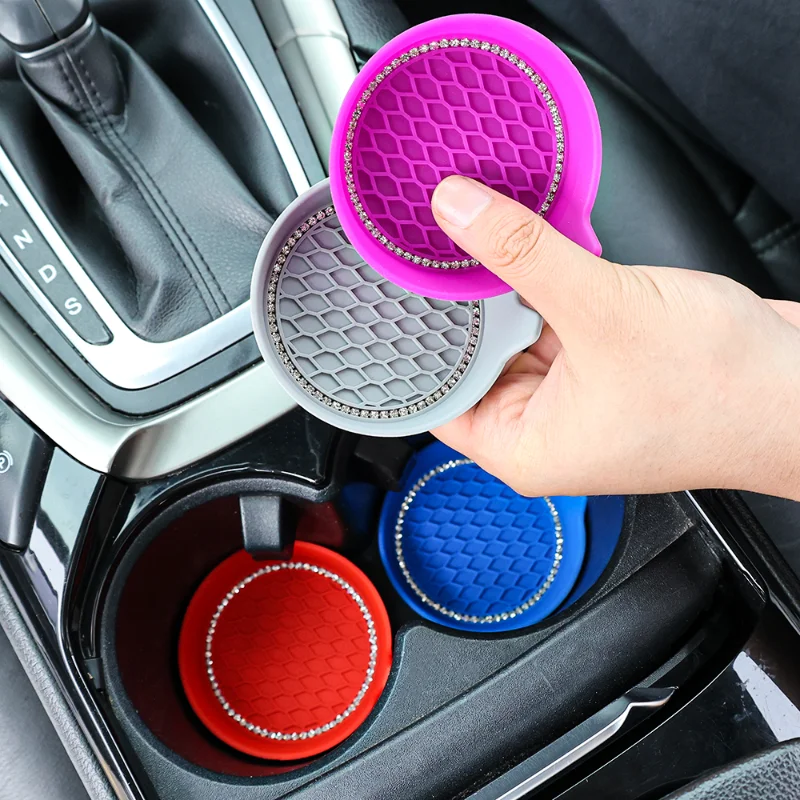 

2Pcs Rhinestone Car Coaster Water Cup Slot Non-Slip Mat Auto Truck Rhinestone Bling Water Cup Protcetive Silica Pad Accessories