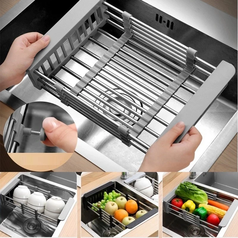 

Sink Adjustable Dish Drainer Stainless Steel Drain Rack Fruit Vegetable Washing Drainer Tableware Drain Basket Kitchen Storage