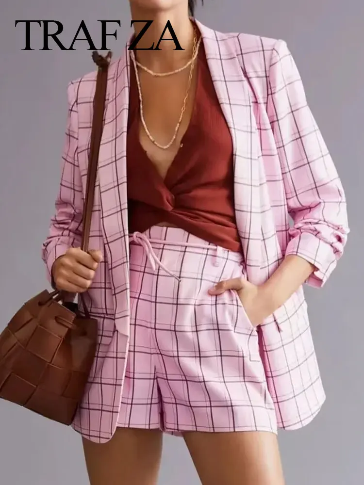 

TRAF ZA Fashion Women's Clothing Pleated Cuff Blazers + High Waist Zipper Shorts Elegant Pink Plaid Suits Female Streetwear