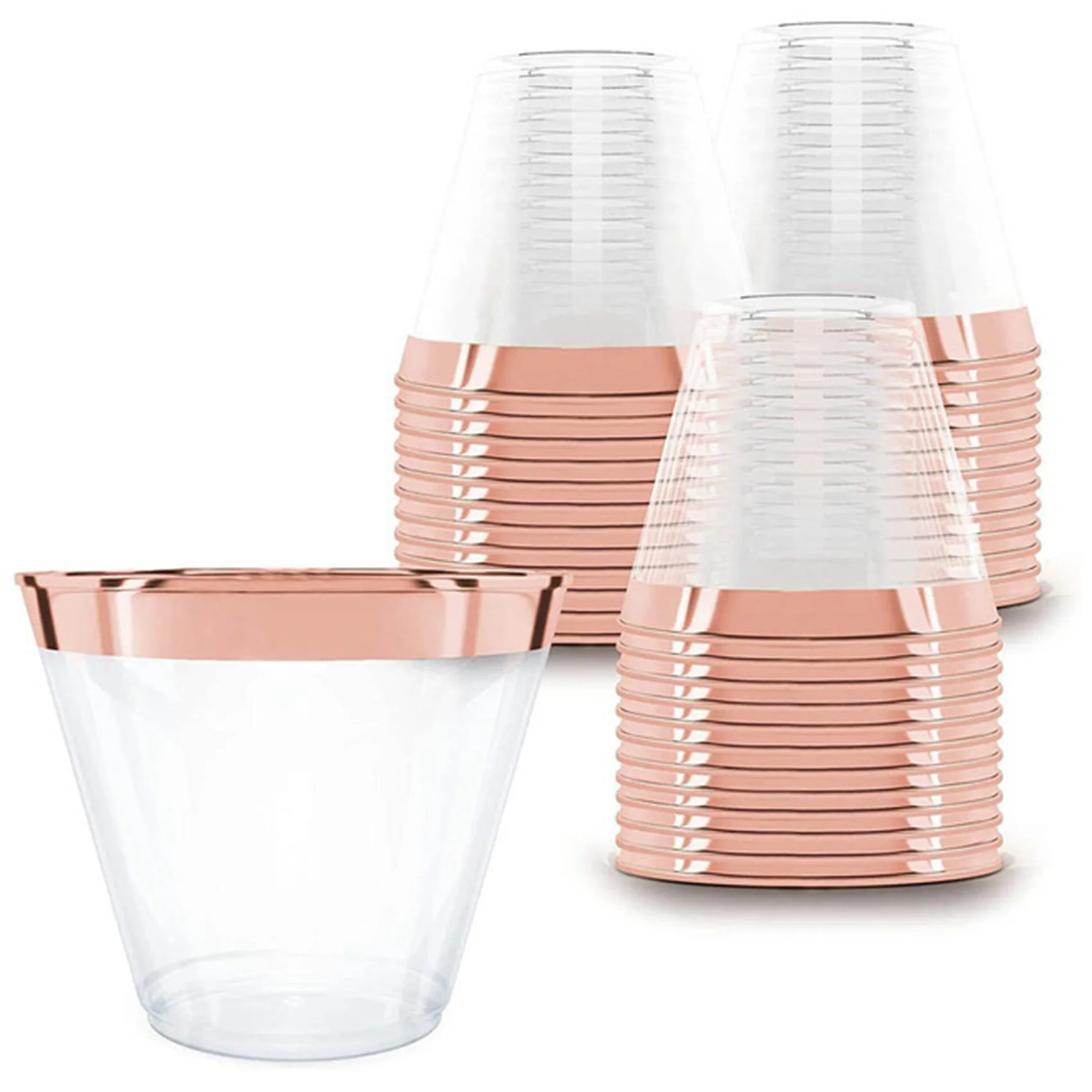 

Plastic Cup 9 Oz Hard Disposable Cup Plastic Wine Glass Party Wedding Wine Glass Transparent Plastic Cup -Rose Gold Rim