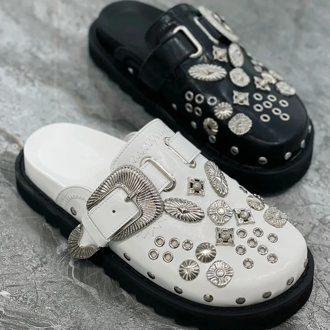 Summer Women Mules Slippers Rivets Punk Rock Platform Leather Slippers Creative Metal Fittings Casual Party Shoes Outdoor Slides