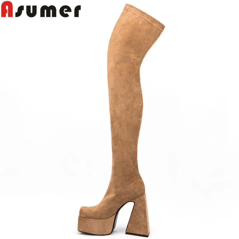 

Женские сапоги выше колена ASUMER, на очень высоком каблуке, Стрейчевые сапоги на платформе, размеры 34-45, для осени и зимы, 2022