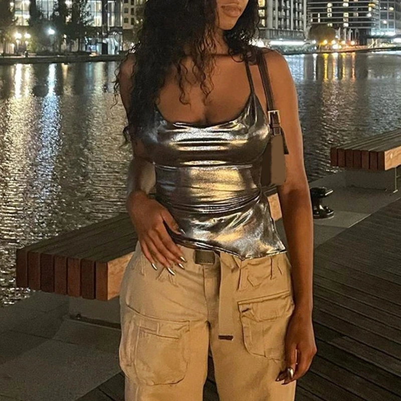 

Women Sexy Halter Neck Crop Top Girls Shiny Metallic Asymmetrical Camisole Female Summer Sleeveless Bodycon Vest Party Clubwear