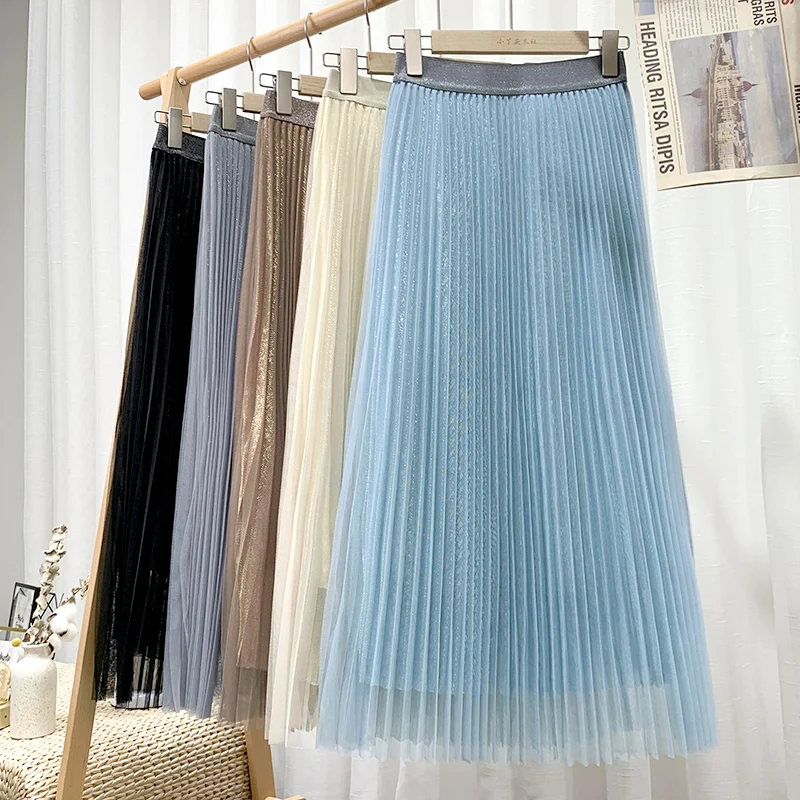 

Croysier Summer Skirts Womens Fashion Shimmer Metallic Pleated Skirt High Waist Mesh Midi Skirt Casual Long Tulle Skirt Women