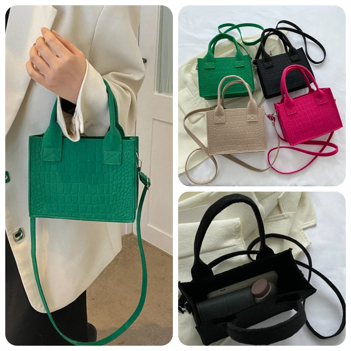 

Женская фетровая мини-сумка-тоут, популярная объемная сумка-мессенджер с каменной текстурой, осенне-зимняя маленькая квадратная сумка, новинка 2024