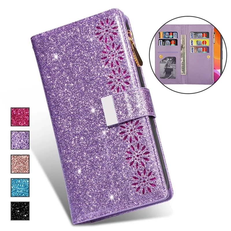 Laser Glitter Powder 9 Card Slots Wallet Case for Redmi Note 11 10 9 8 Redmi 10C 10 9C 9A 8A Flip Cover for Poco M4 Pro X4 Pro