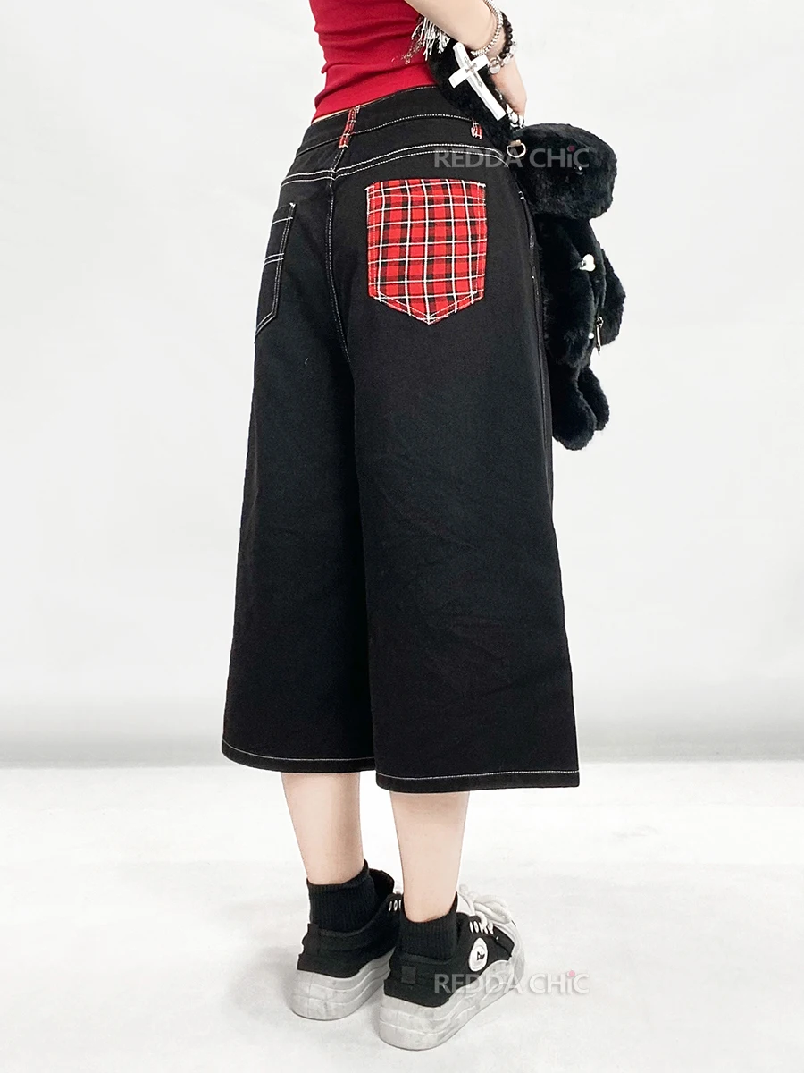 Женские свободные джинсы REDDACHiC красные клетчатые лоскутные с низкой посадкой