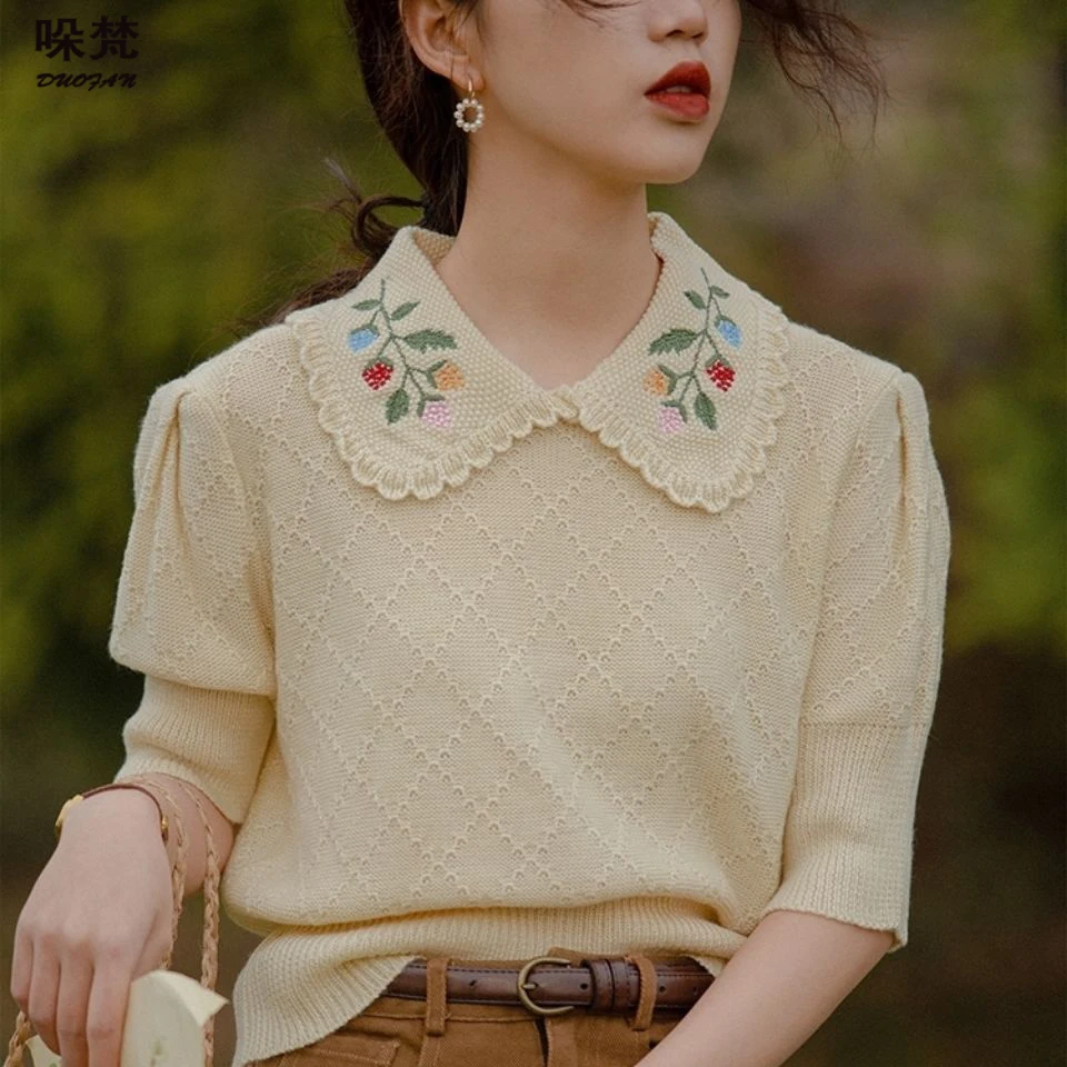 

Crop Top Sweater Women Korean Style Short Knitted Print Sweaters Pan Collar Pullover Fashion Sweet Girl Long Sleeve Knitting Top