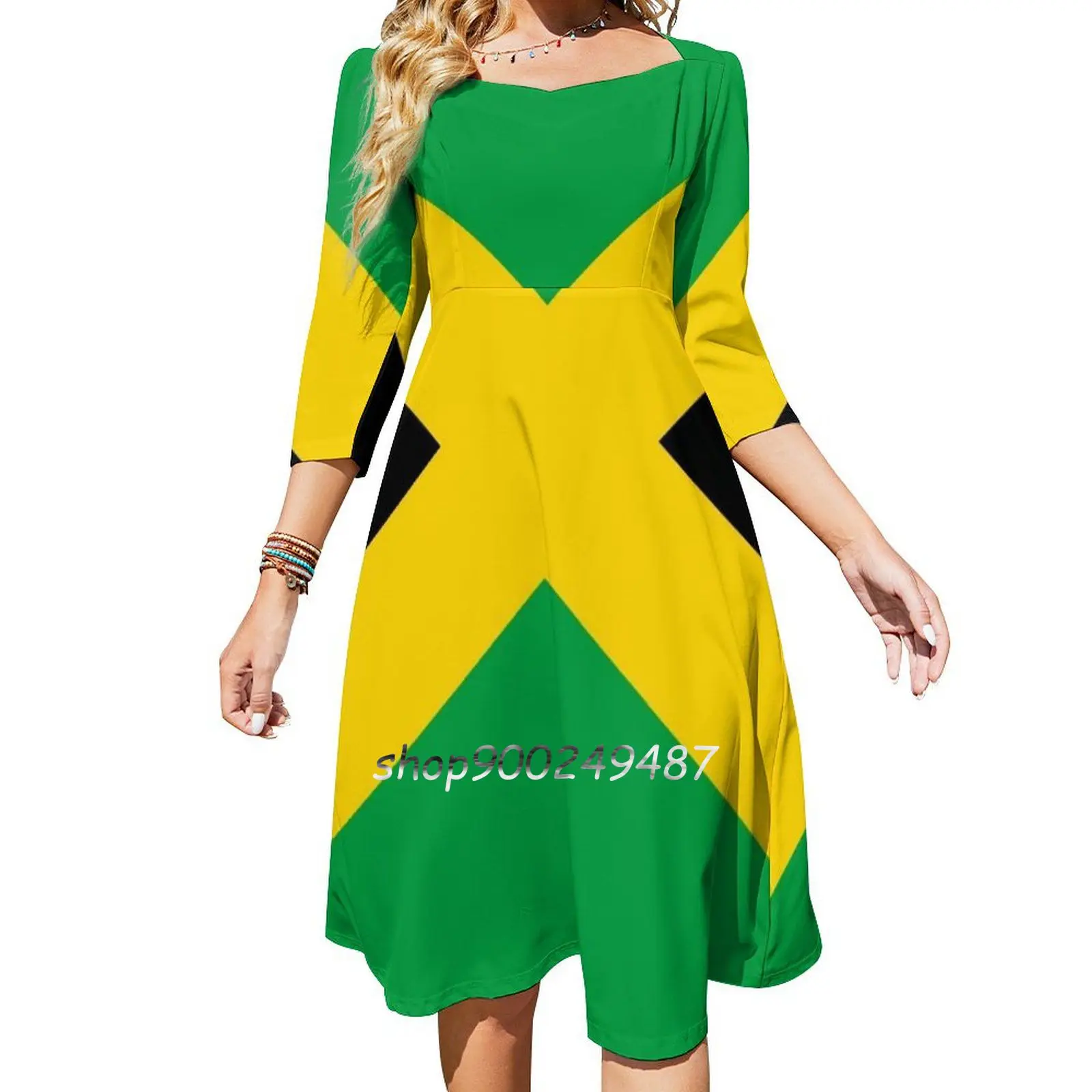 

Женское платье с квадратным вырезом, Элегантное расклешенное платье с принтом флага Ямайки на магните