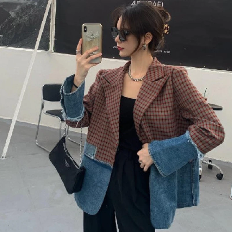 Spliced Blazers Women Baggy Streetwear Teens Personal American Designer Notched Youth College  Clothes Temper Chic Popular