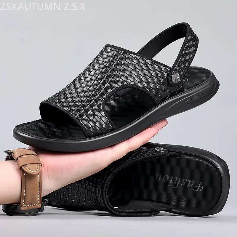 

2023 New Summer Trending Slippers Men Slippers Luxury Brand Leather Soft MenBeach Shoes Outdoor Non-slip Rubber Flip Flops Men