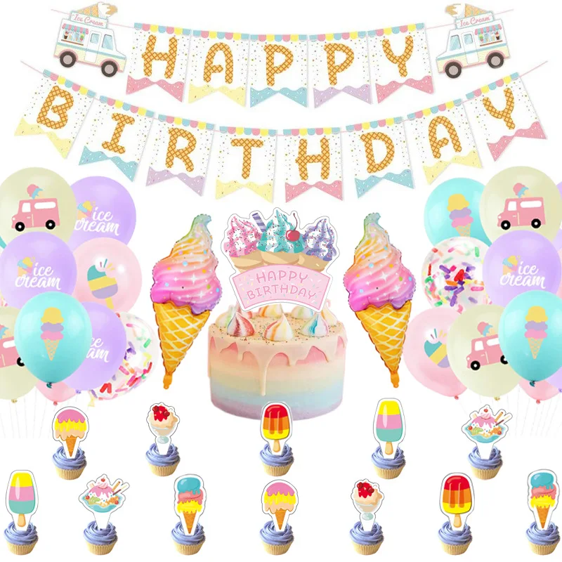 

SURSURPIRSE Ice Cream Theme Birthday Party Decoration Macaron Confetti Balloon Set Ice Cream Foil Balloon Hello Summer Supplies