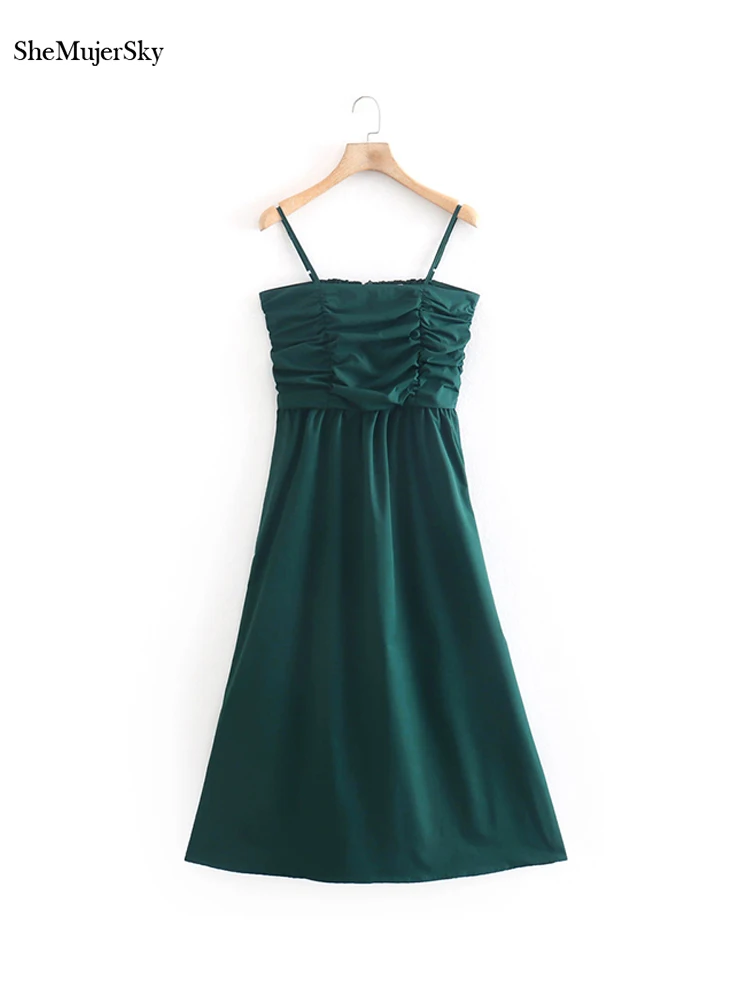 

SheMujerSky Women Camisole Green Dress Summer Sleeveless Elastic Slim A-line Midi Solid Color Dresses 2022