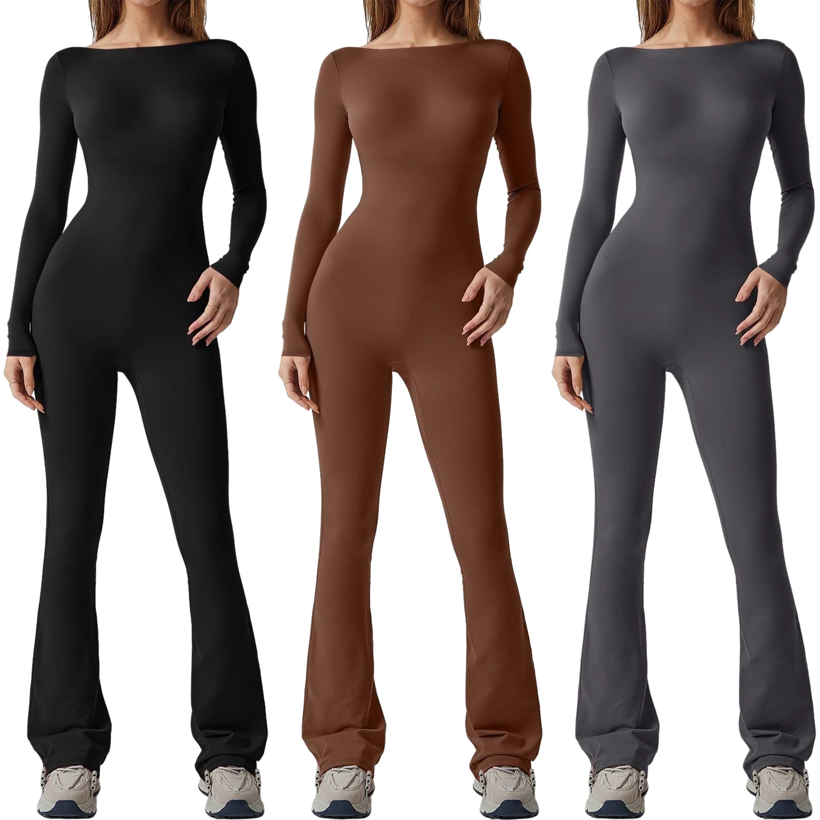 

Комбинезон женский однотонный с широкими штанинами, пикантный ромпер с расклешенным низом, повседневный комбинезон с длинным рукавом, облегающая Эстетическая одежда