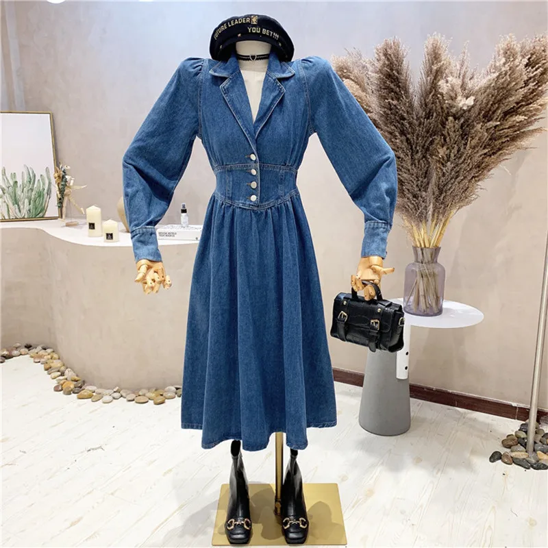 

New Women's Clothing 2022 Spring Suit collar Vintage temperament medium length Denim dress evening dresses