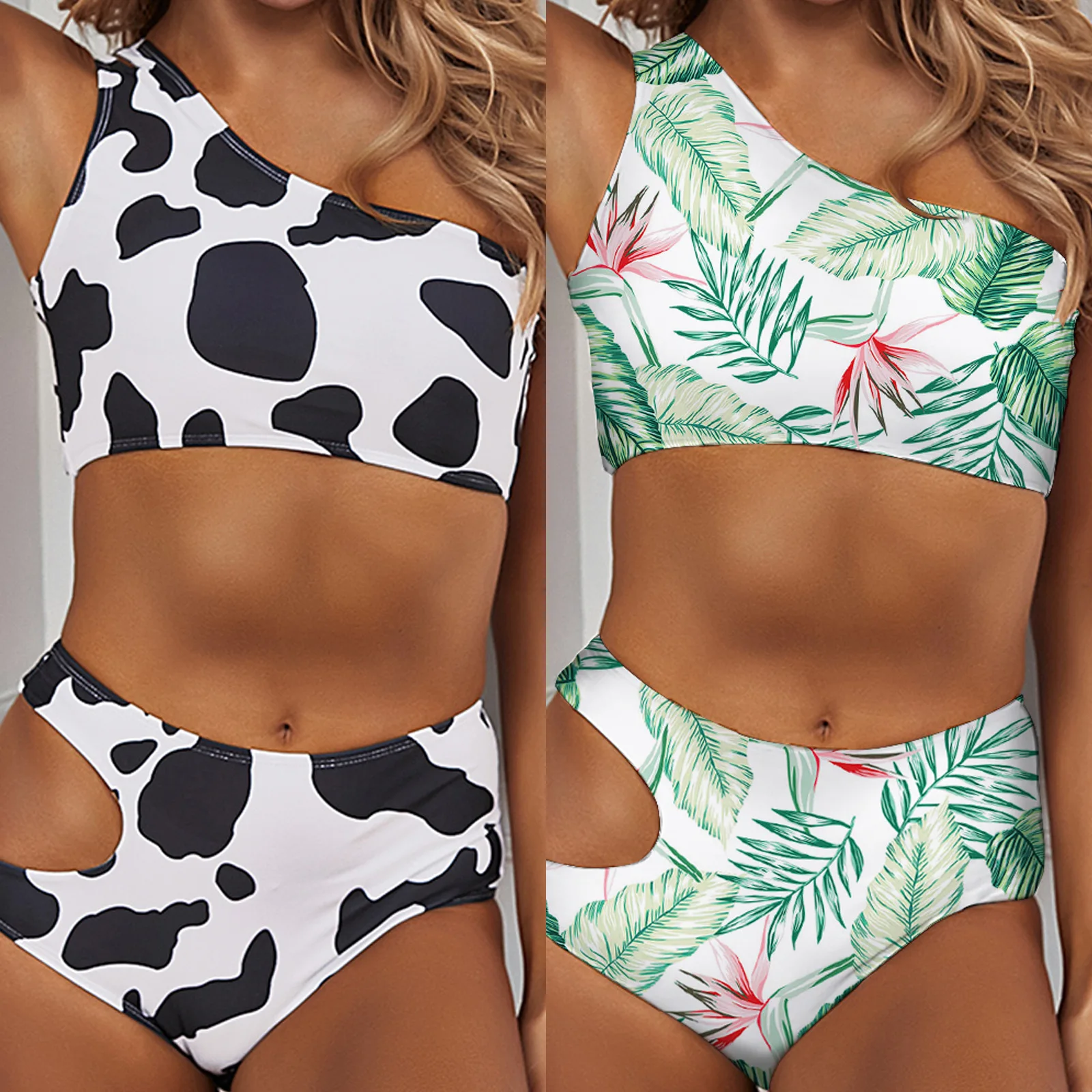 

2023 Sexy Bikini Women Cow Leaf Print High Waist Swimwear Swimsuit Bikinis Set Bathing Suit Beach Bikini Female Push Up Dropship