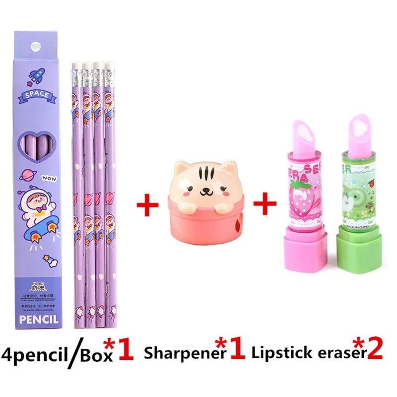 

Graphite Wooden Free Korean Shipping Painting Items Stationery Children's Pencil Cute Kawaii Eraser Sharpener Suit Pencil