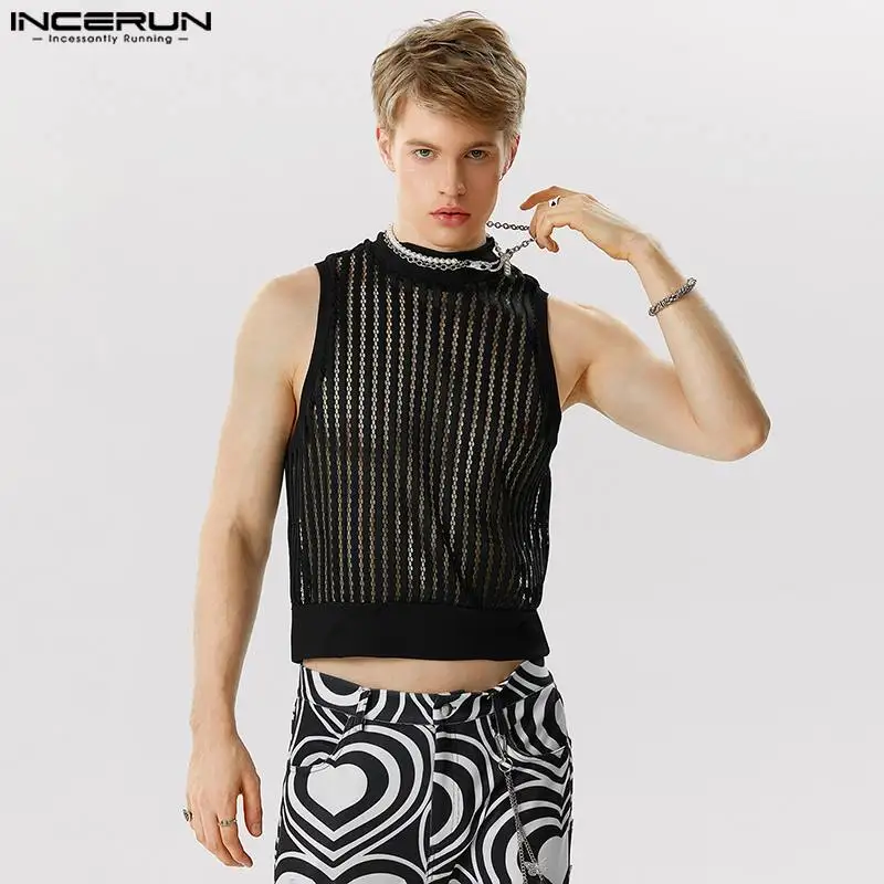 

Sexy Fashion Style Tops INCERUN Handsome Mens Striped Mesh Knitted Micro Transparent Tank Tops Male Half High Collar Vests S-5XL