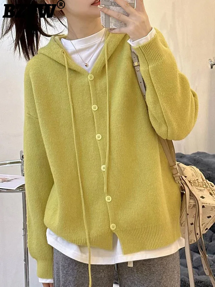 

BZVW Simple Korean Hooded Knit Cardigan Women's Clothing 2023 Autumn Winter New Solid Color Loose Sweater Coat Female 25X2695