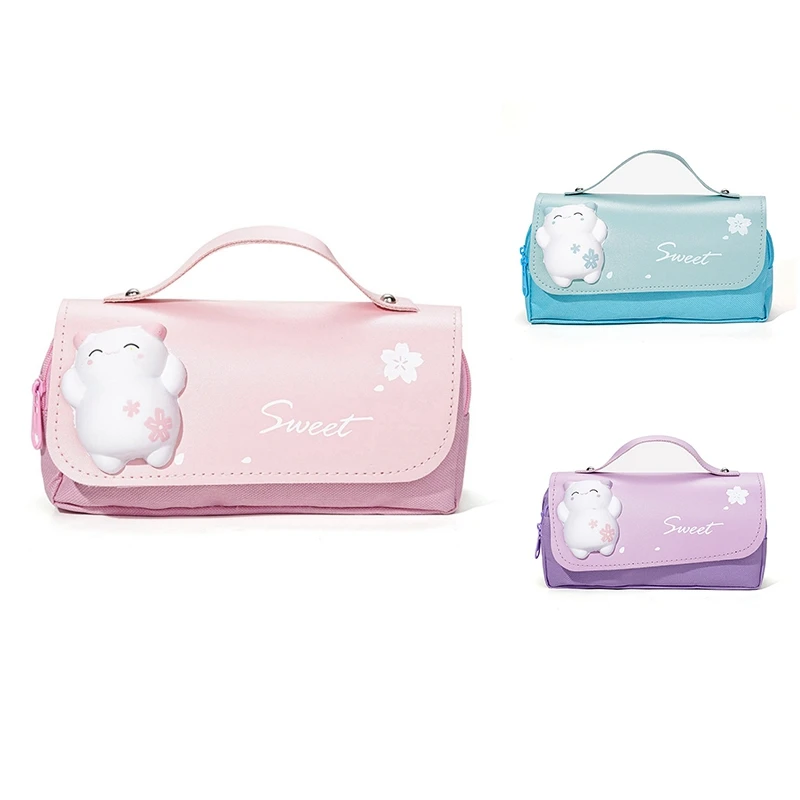 

Cute Cat Decompression Pencil Case Big Pencil Box Portable Girls Pen Bag Double Layer School Pouch