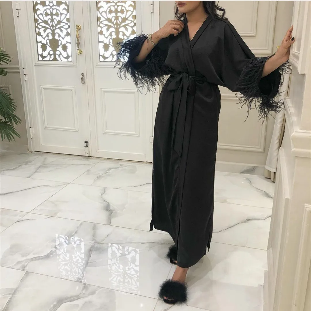 

Vintage Black V-Neck Evening Dresses With Feathers Long Sleeve Pleated Tea Length Zipper Party Prom Dress Abendkleider Women