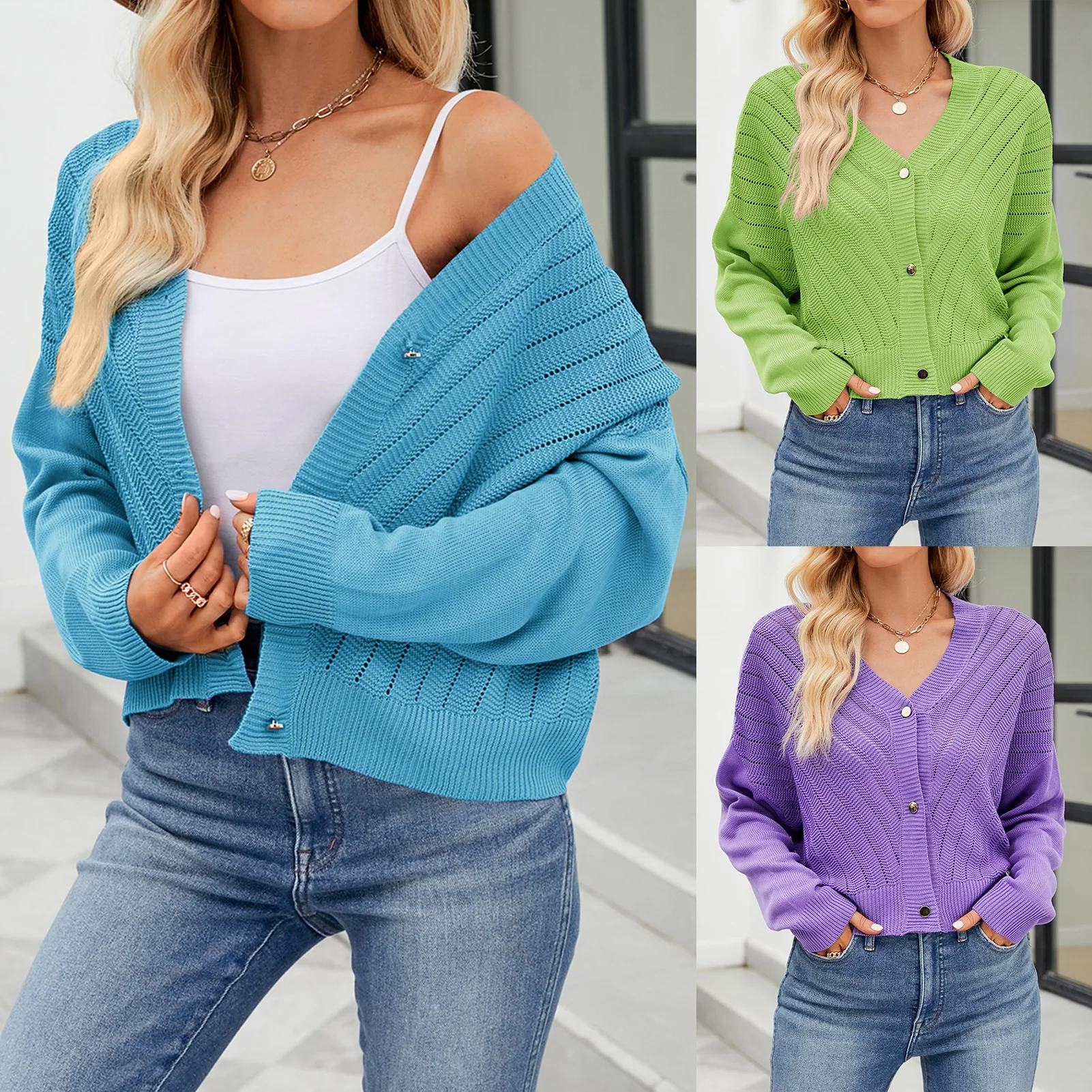 

Hollow Sweter Cardigan V-Neck Short Sweater Long Sleeved Shawl Small Jacket Soild Color Knitted Cardigan Simple Casual Dailywear