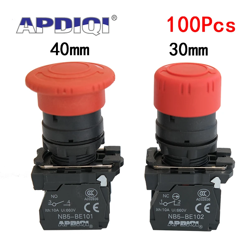 

100Pcs XB5 AS542 Plastic Emergency Stop Red Mushroom Head Size 30 40MM Push Button Switch Lock NO NC Normally Open AS545 22mm
