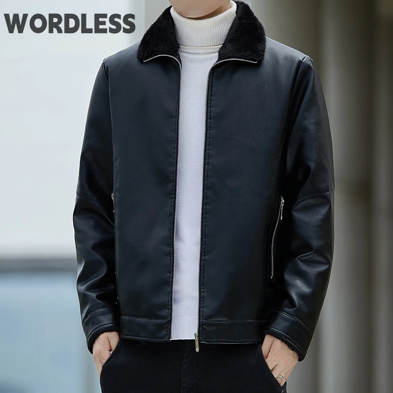 

Мужские зимние кожаные куртки, верхняя одежда, повседневное пальто с отложным воротником, Байкерская свободная ветровка, брендовая мужская Толстая теплая меховая куртка, одежда