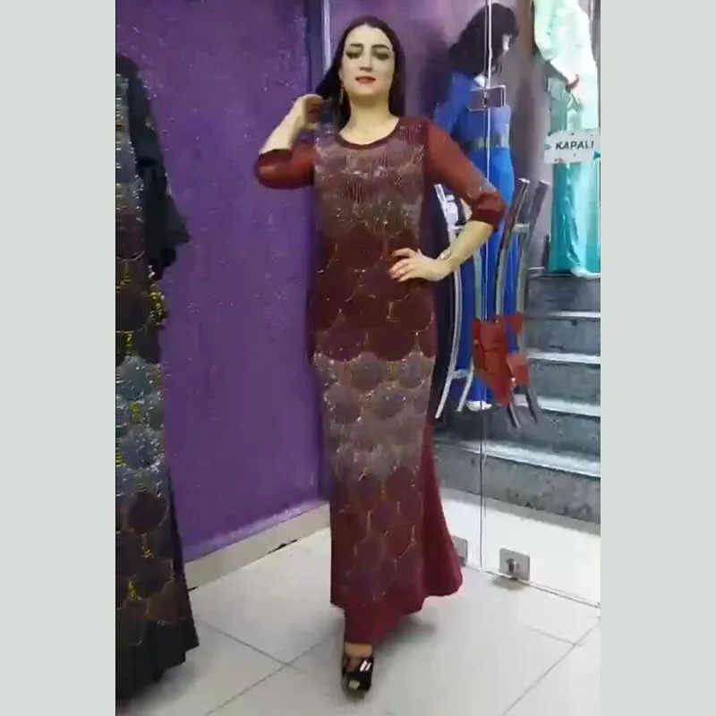 2023 Middle East Delicate Fish Scale Rhinestone Robe Turkey Scalloped Stretch Dress Muslim Ladies Costume Birthday Party Gala