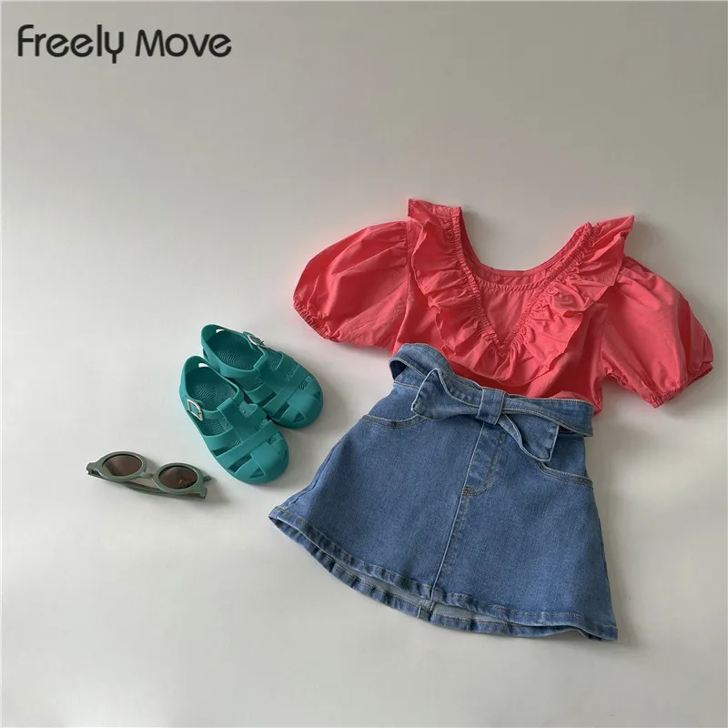 

Freely Move Baby Clothes Set Summer Fashion Ruffled Fly Sleeves Tops Jeans Shirts For Girls Clothes Toddlers Kids Baby Outfits