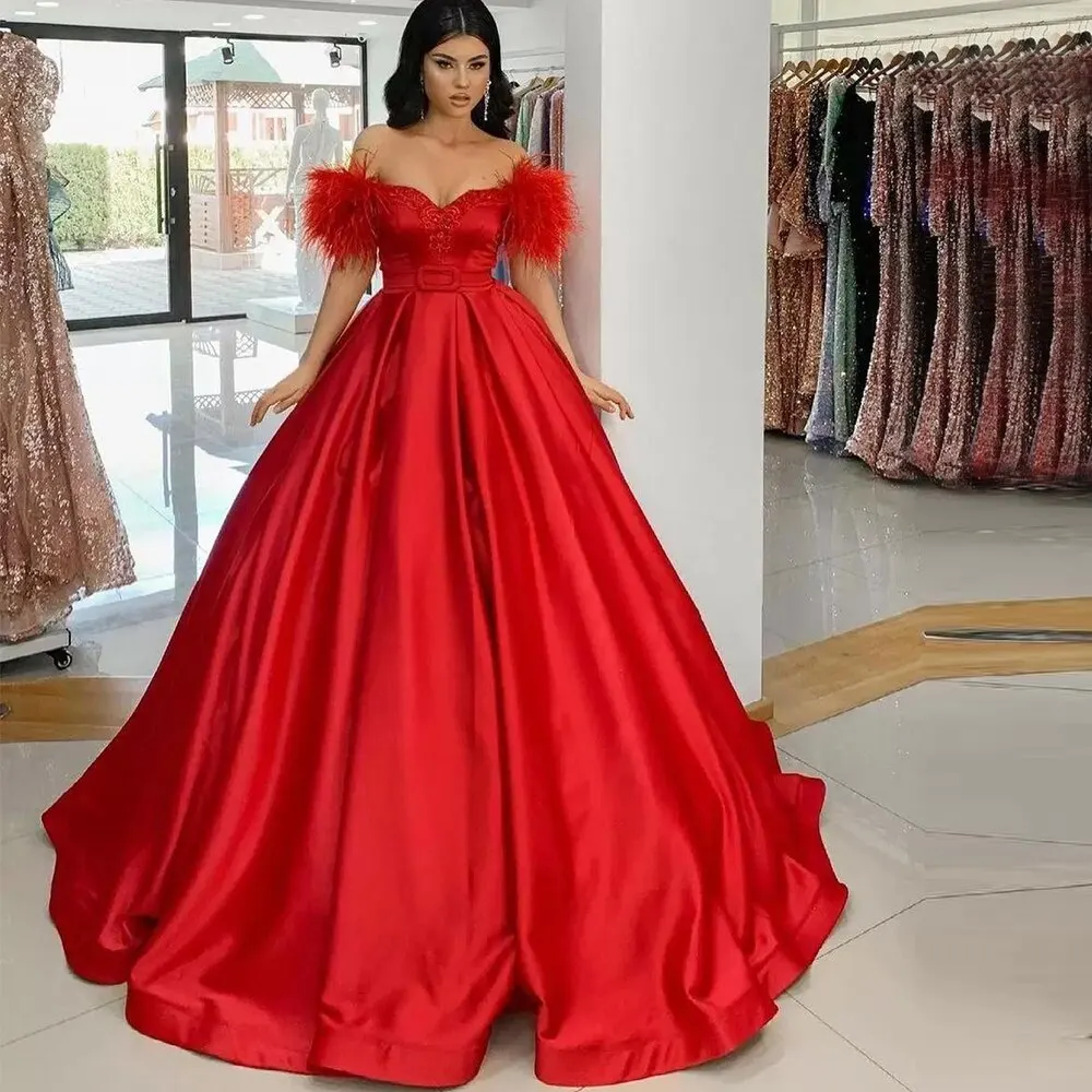 

Red Satin Prom Dresses Feather Off Shoulder Women Party Night Evening Gowns Pleats Ruffles Customized Robe De Soiree