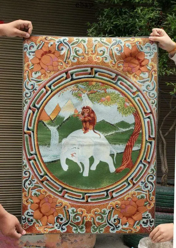 

24" Tibet Buddhism Silk Cloth Monkey Ride Elephant Thangka Embroidery Mural