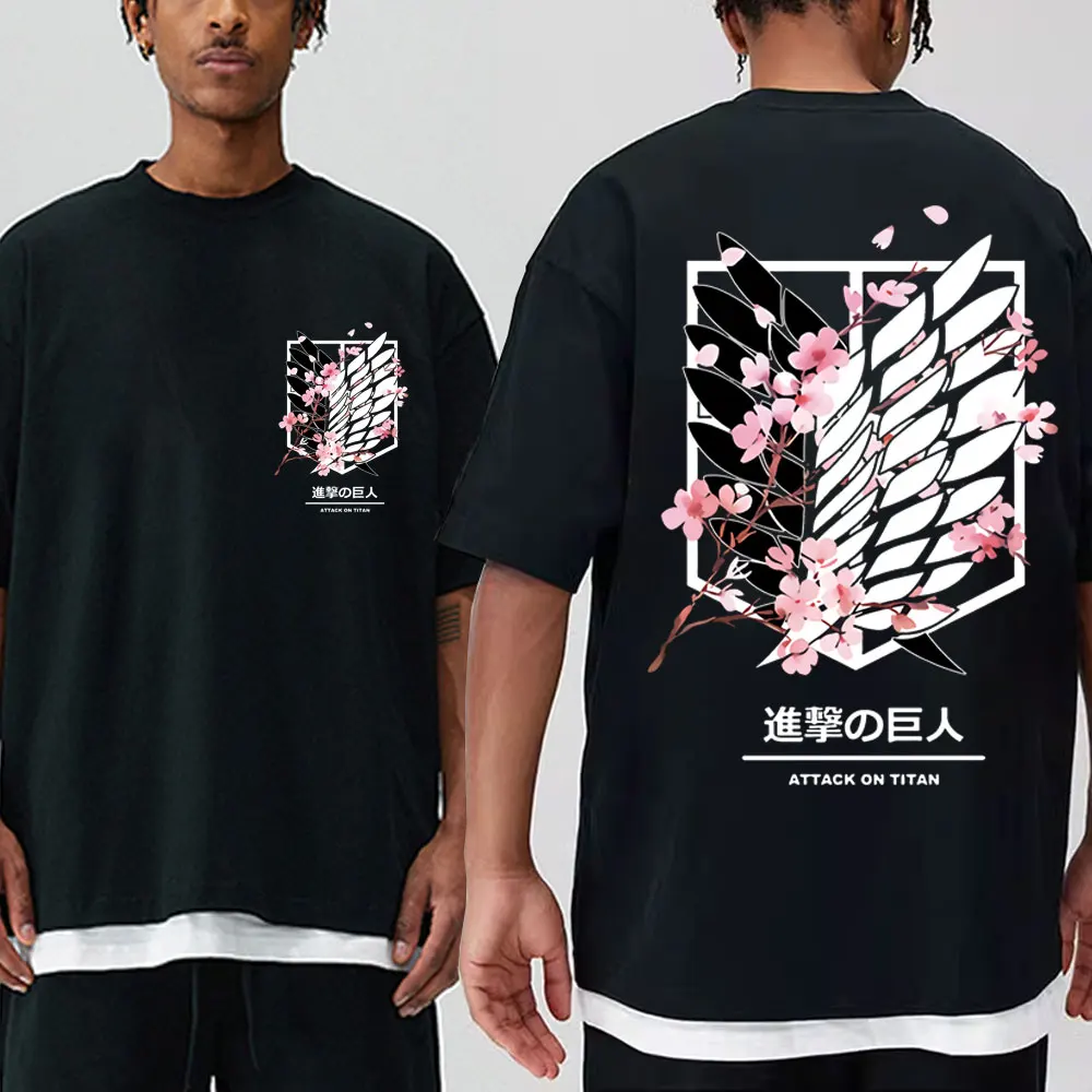 

Anime Attack on Titan T-Shirt Ackerman Mikasa Eren Jaeger Cherry Blossom Logo Graphics T Shirt Men Women Clothes Cotton T Shirts