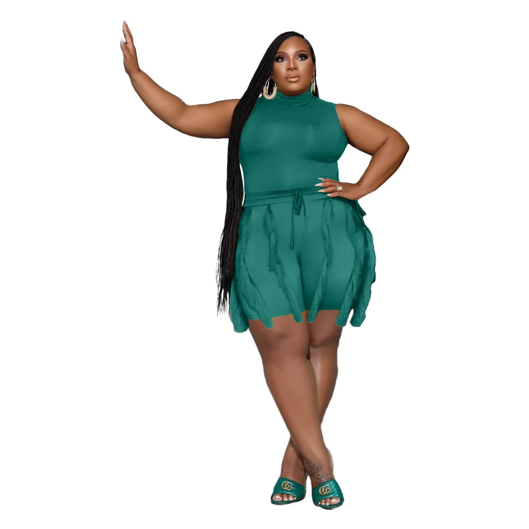 Two-piece Sets Plus Size Women Tassel Shorts Sleeveless Tops Fashion Casual Large Size Solid Color Two-piece Female 2023 Summer