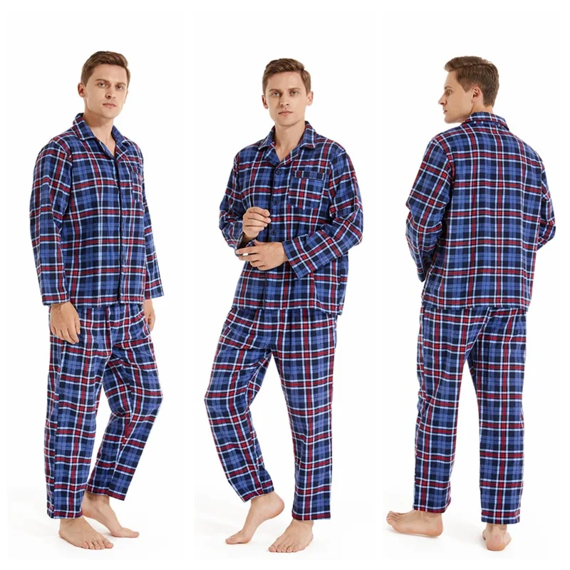 Men's Winter Slim Fit Thermal Checker Set Home Furnishing Polyester Comfortable Turn-Down Collar Button Switch Thick Sleepwear