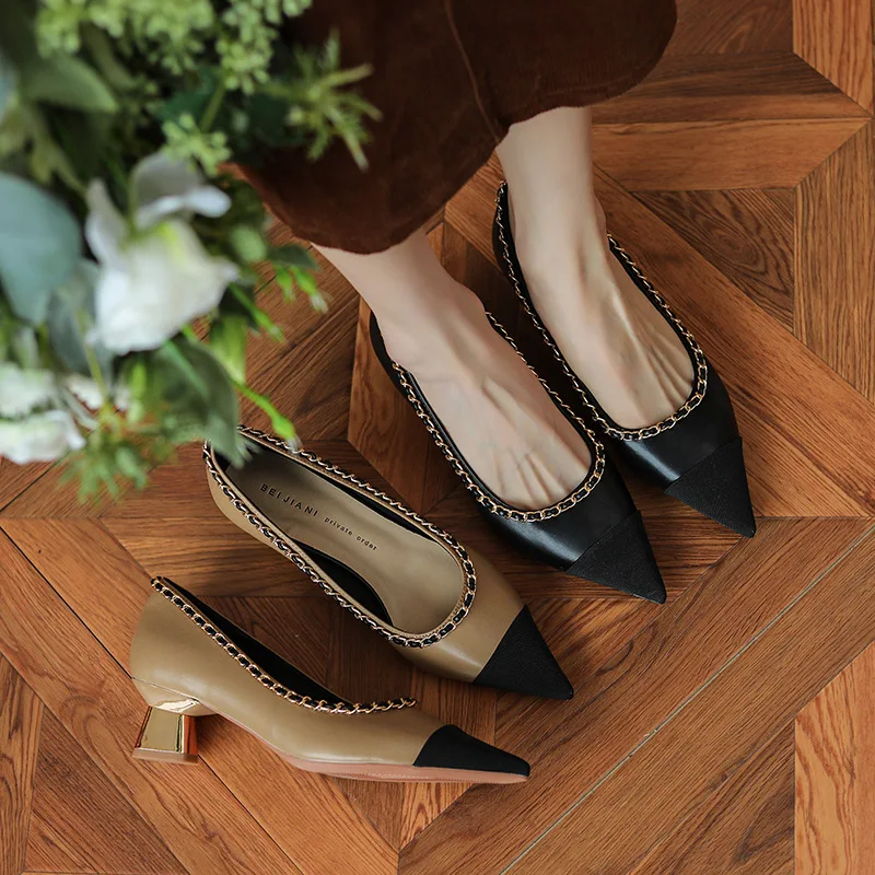 

Women's Elegant Classic PU Leather Brand Designer Shoes Woman Pointed Toe Chain Slip On Mary Janes 5cm Hoof Heels Shoes Pumps