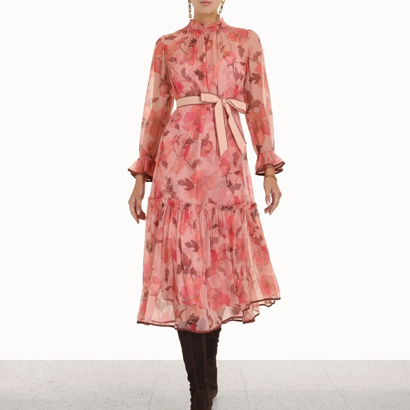 

Printed High Waist Flare Cuff Midi Dress WOMAN DRESS FASHION girls casual LONG Prom Elegant dresses for women
