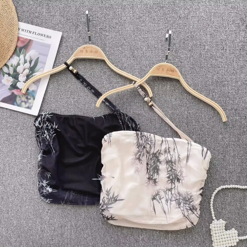 

Sexy Chic Vintage Print Backless Top Bustier Off Shoulder Tank Vestidos Crop Sling Top Bra Summer Women Clothing